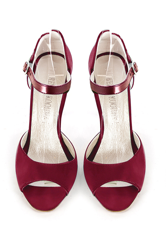 Burgundy red women's closed back sandals, with an instep strap. Round toe. High spool heels. Top view - Florence KOOIJMAN